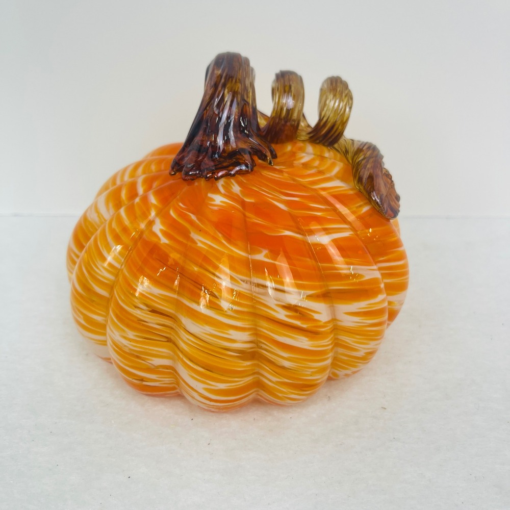 Hand Blown Art Glass Pumpkin Orange White Swirl Amber Curly Stem 5 Inch Decor